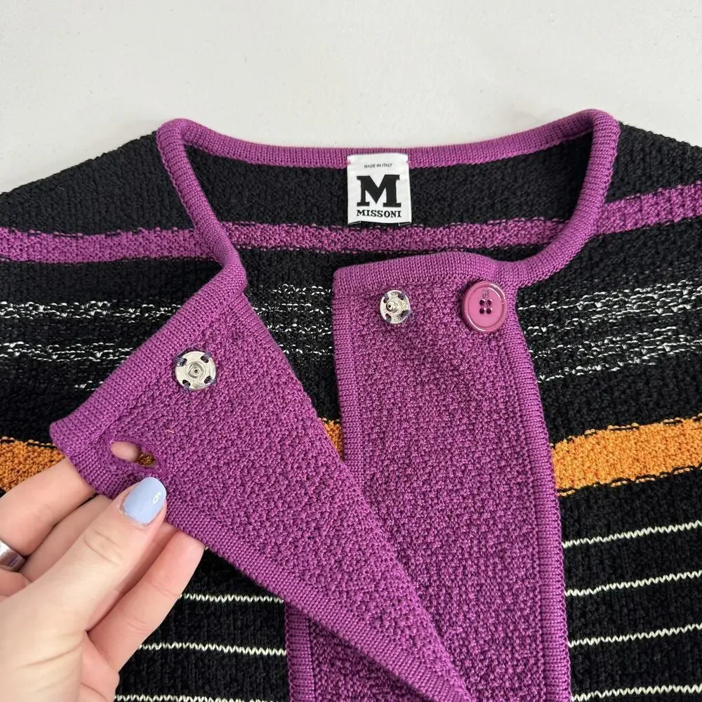 Missoni Sweater Womens 8‎ Black Purple Striped Cardigan Pockets Made in Italy